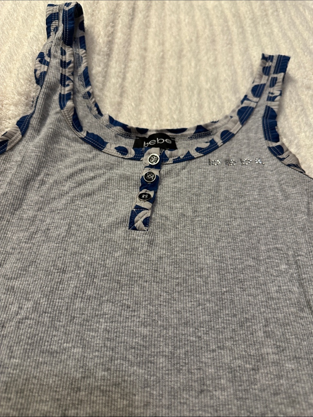 bebe Light Gray Ribbed Tank with Blue Patterned Trim